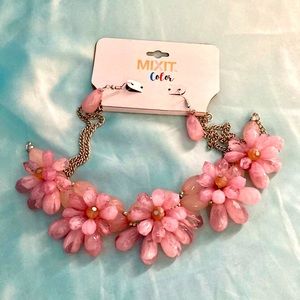 Pink Flower Necklace and Earring Set